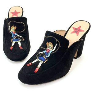 Anna Sui Retro Black Suede Maddie Cowgirl Heel Mules
